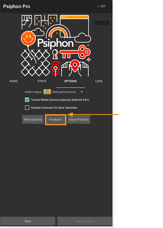 Скриншот обратной связи для вкладки обратной связи Psiphon Android