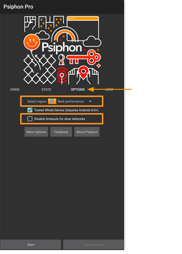 Captura de pantalla de pestaña de configuraciones de Psiphon para Android