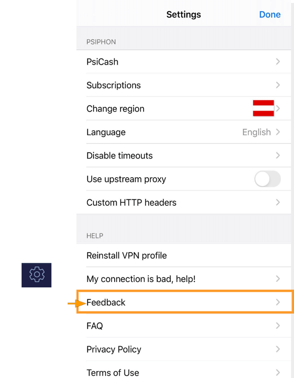 Capture d'écran de rétroaction pour l'onglet de rétroaction de Psiphon iOS