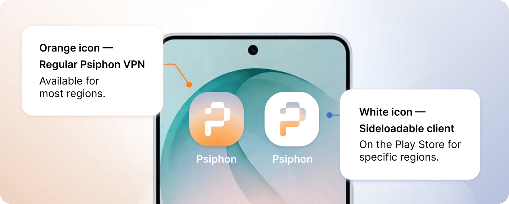 Psiphon Android ایپ کے دونوں آئیکنز ساتھ ساتھ: سفید آئیکن سائیڈ لوڈ کے قابل کلائنٹ ہے، جو مخصوص خطوں کے لیے Play Store پر بھی دستیاب ہے؛ رنگین آئیکن سبسکرپشن سپورٹ کے ساتھ باقاعدہ Psiphon VPN ہے۔