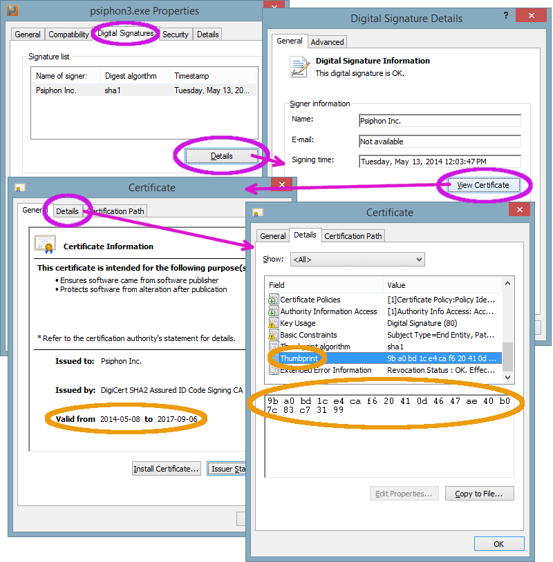 Psiphon برائے Windows کے لیے سرٹیفکیٹ کا thumbprint تلاش کرنے کے لیے درکار ڈائیلاگ باکسز کا بہاؤ: فائل Properties، Digital Signatures ٹیب، Details، View Certificate، پھر Details کا ٹیب جو Thumbprint دکھا رہا ہے۔